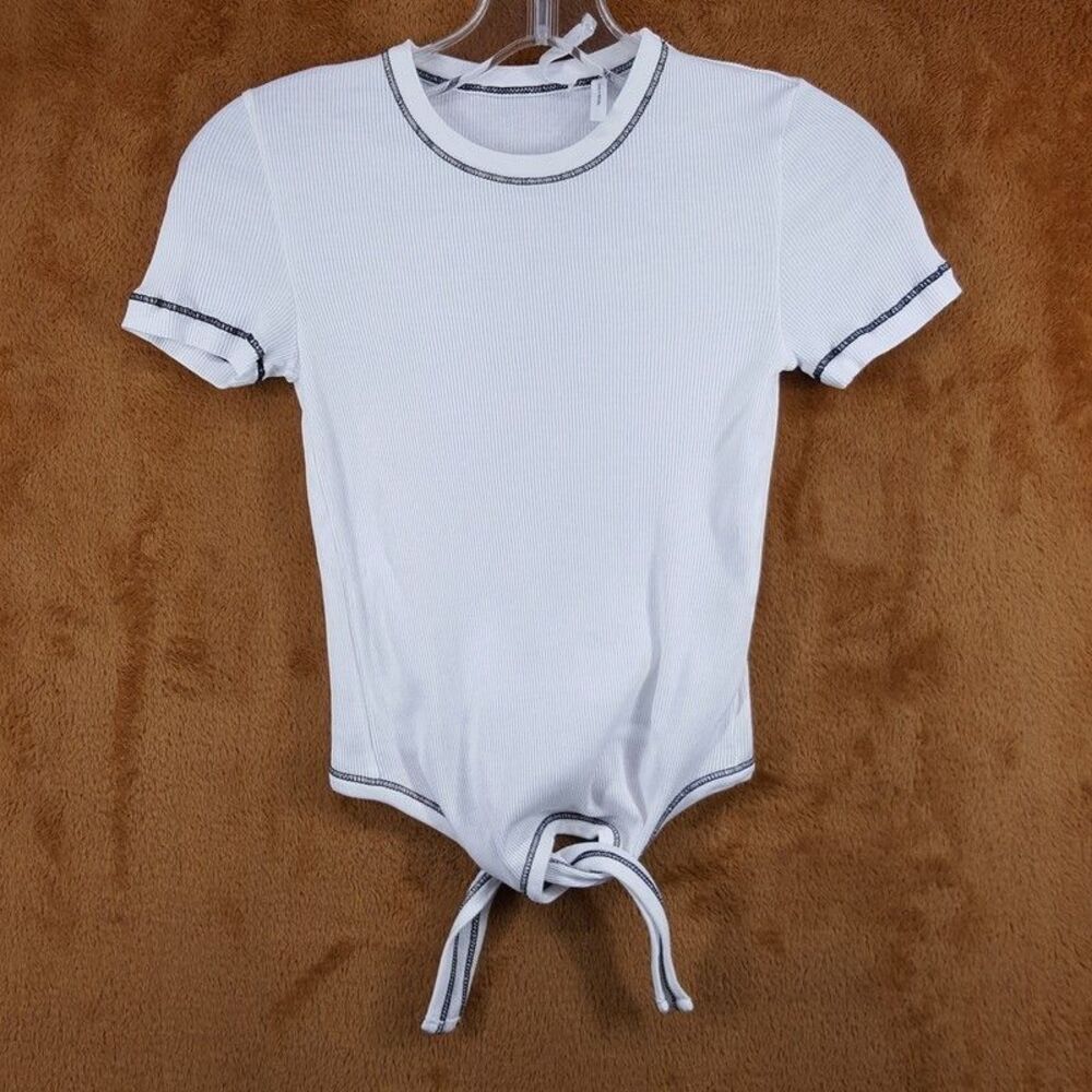 HELMUT LANG Top Womens Small White Pullover Crew Ribbed Fitted Tie Front Tee